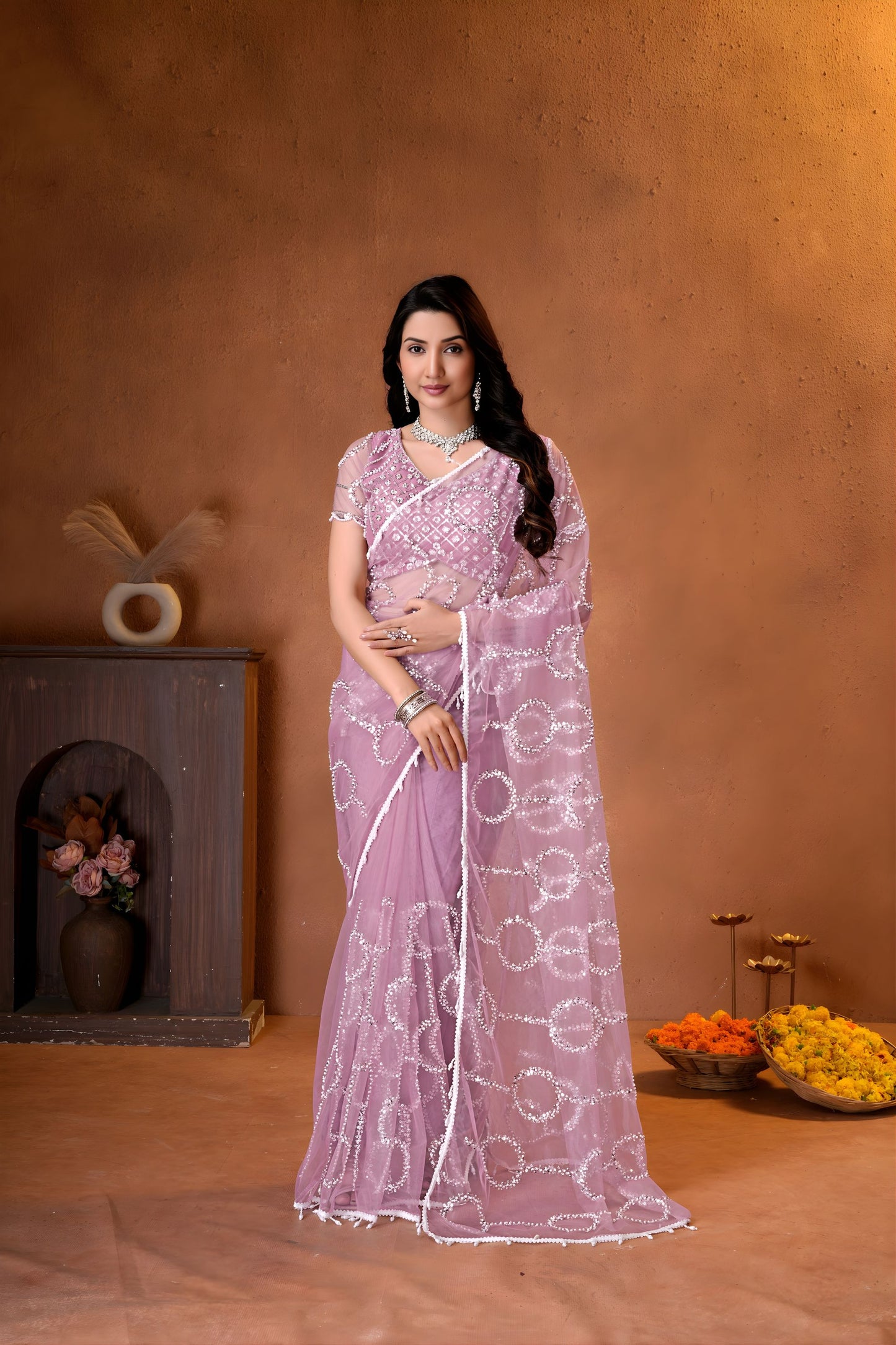 Gracefull Mauve Pink Net Saree Embroidery Work for Wedding