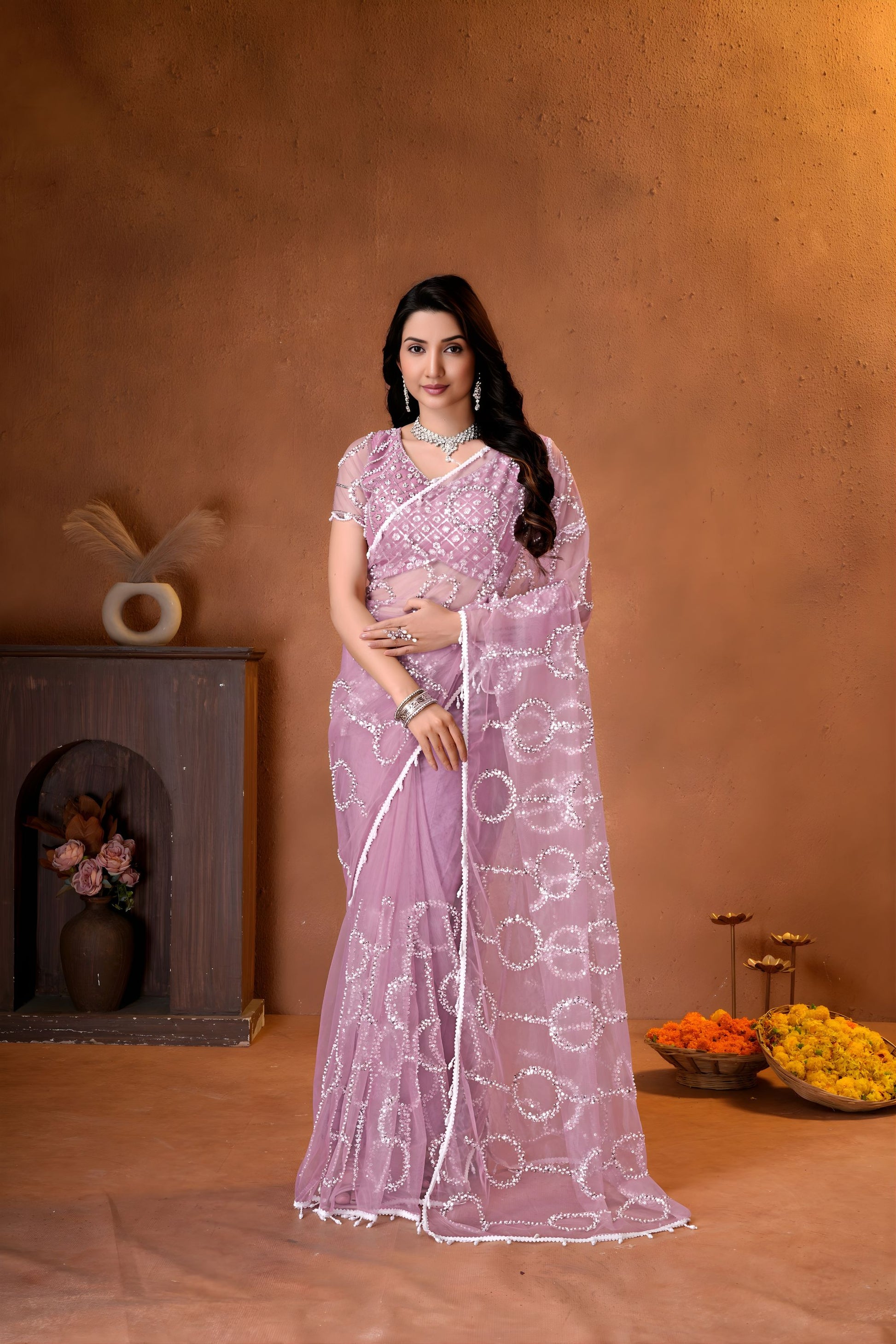 Gracefull Mauve Pink Net Saree Embroidery Work for Wedding