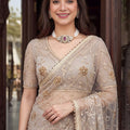 Elegant Beige Net Saree Heavy Embroidery Sequins Work for Wedding