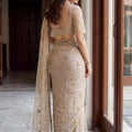 Elegant Beige Net Saree Heavy Embroidery Sequins Work for Wedding