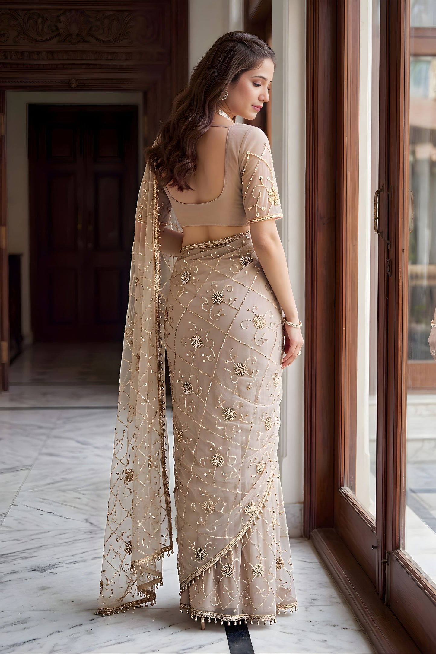 Elegant Beige Net Saree Heavy Embroidery Sequins Work for Wedding