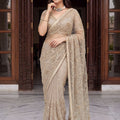 Elegant Beige Net Saree Heavy Embroidery Sequins Work for Wedding