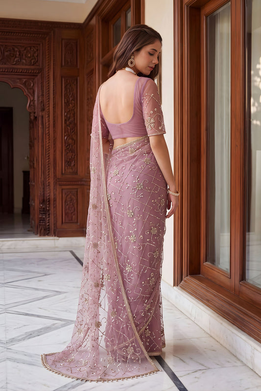 Beautiful Mauve Net Saree Heavy Embroidery Sequins Work for Wedding