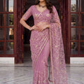 Beautiful Mauve Net Saree Heavy Embroidery Sequins Work for Wedding