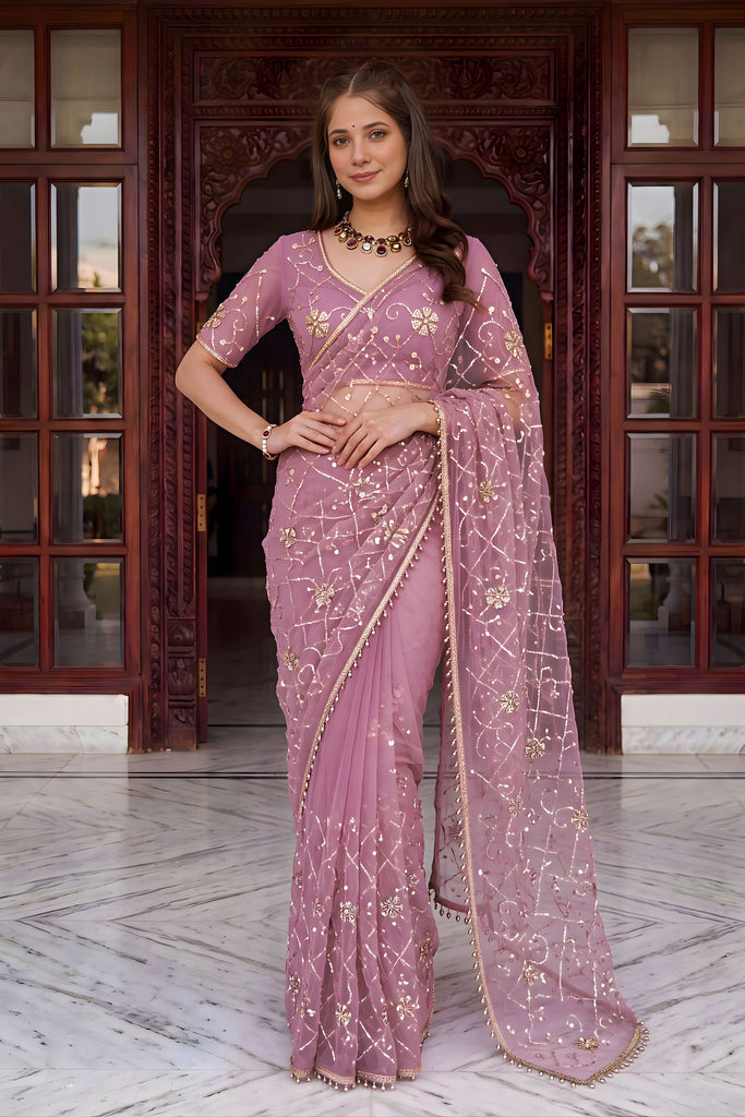 Beautiful Mauve Net Saree Heavy Embroidery Sequins Work for Wedding
