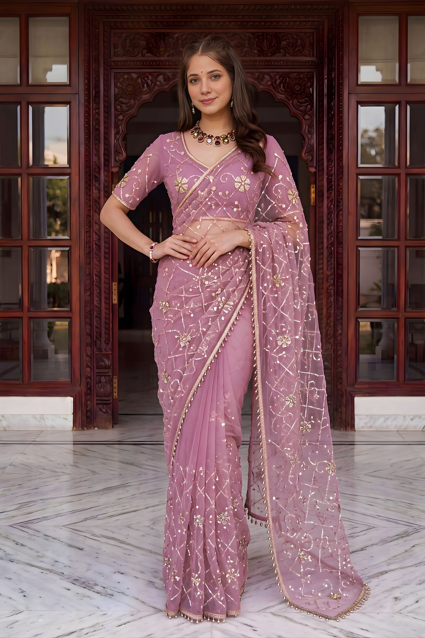 Beautiful Mauve Net Saree Heavy Embroidery Sequins Work for Wedding