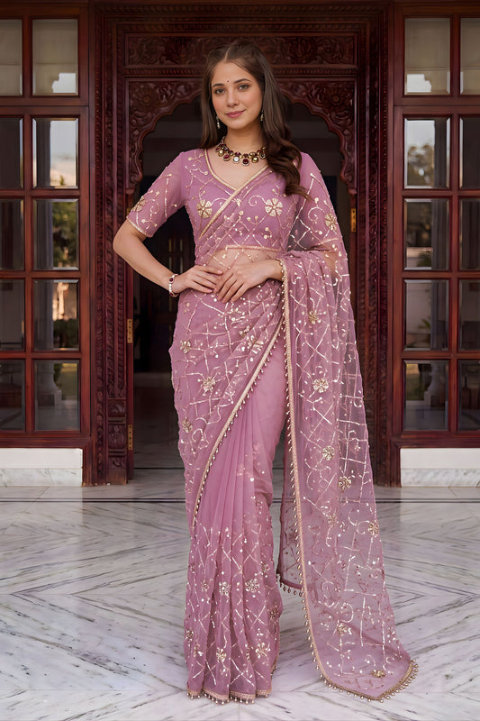 Beautiful Mauve Net Saree Heavy Embroidery Sequins Work for Wedding