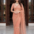 Premium Peach Net Saree Heavy Embroidery Sequins Work for Wedding