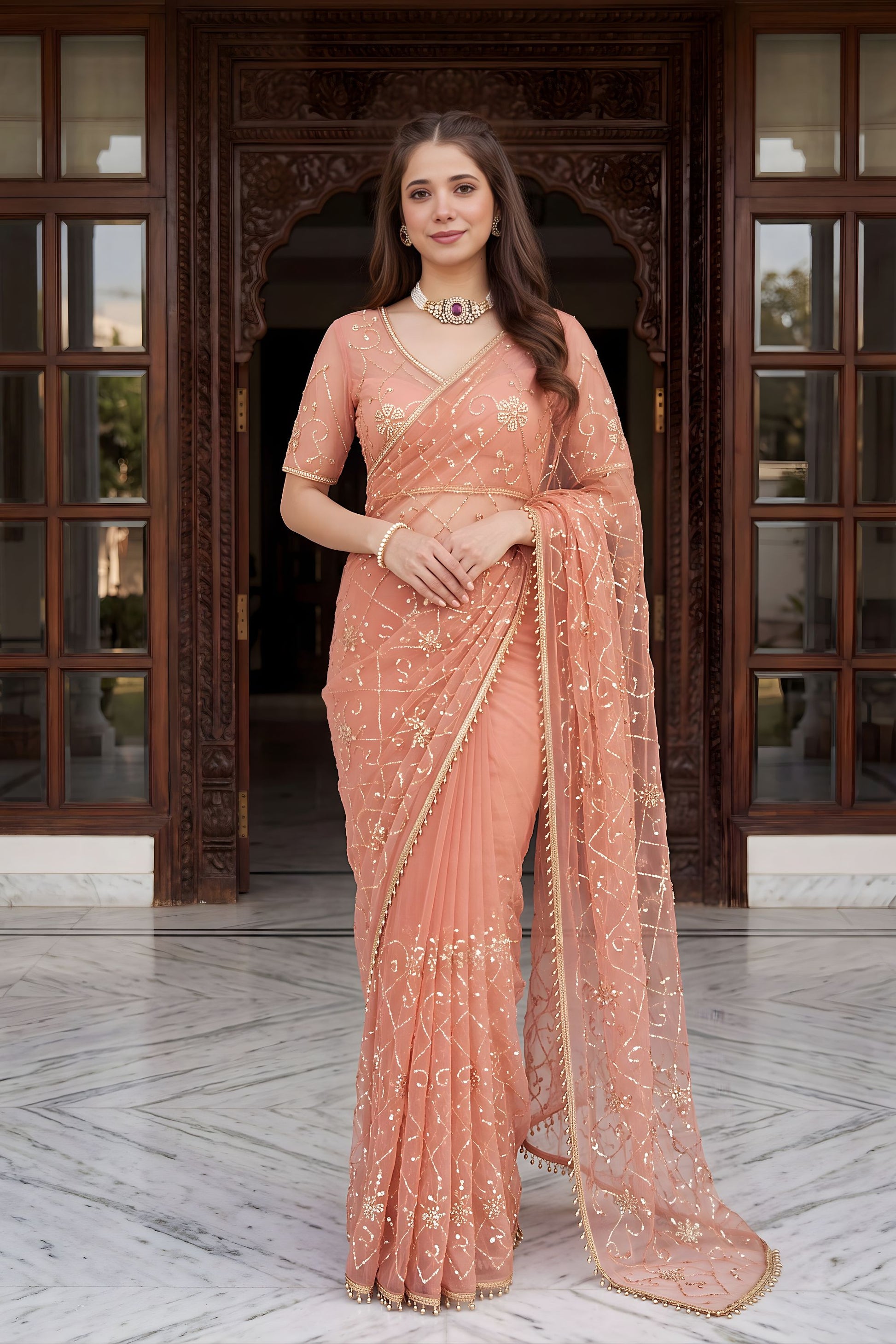 Premium Peach Net Saree Heavy Embroidery Sequins Work for Wedding
