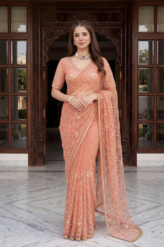 Premium Peach Net Saree Heavy Embroidery Sequins Work for Wedding