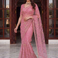 Beautiful Pink Net Designer Saree Sequins Embroidery Work for Wedding