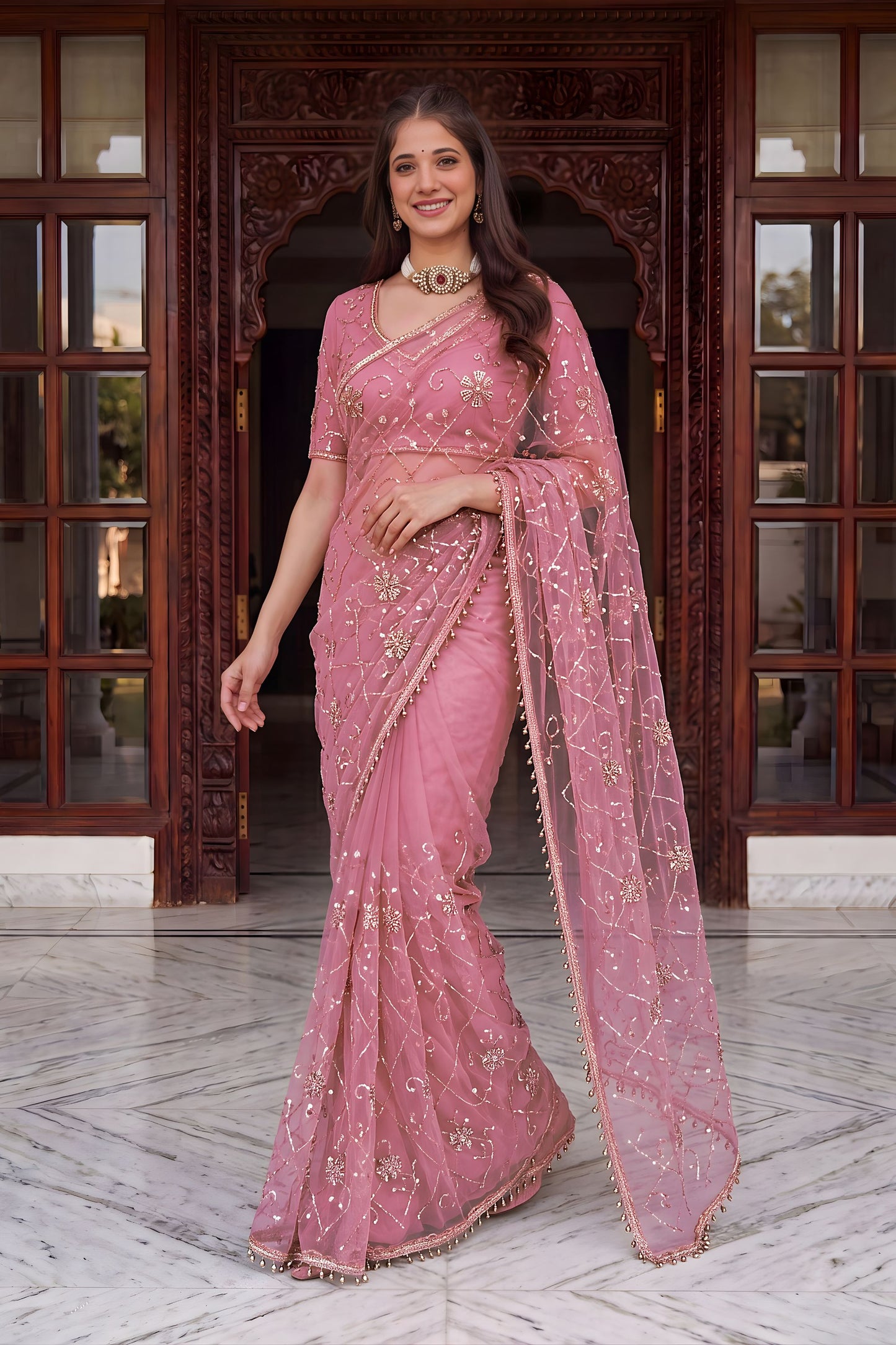 Beautiful Pink Net Designer Saree Sequins Embroidery Work for Wedding