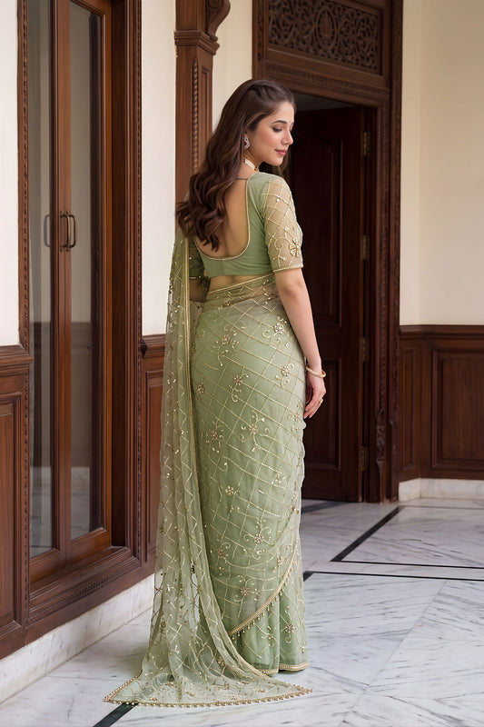 Gracefull Sage Green Net Designer Saree Sequins Embroidery Work for Wedding