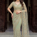 Gracefull Sage Green Net Designer Saree Sequins Embroidery Work for Wedding