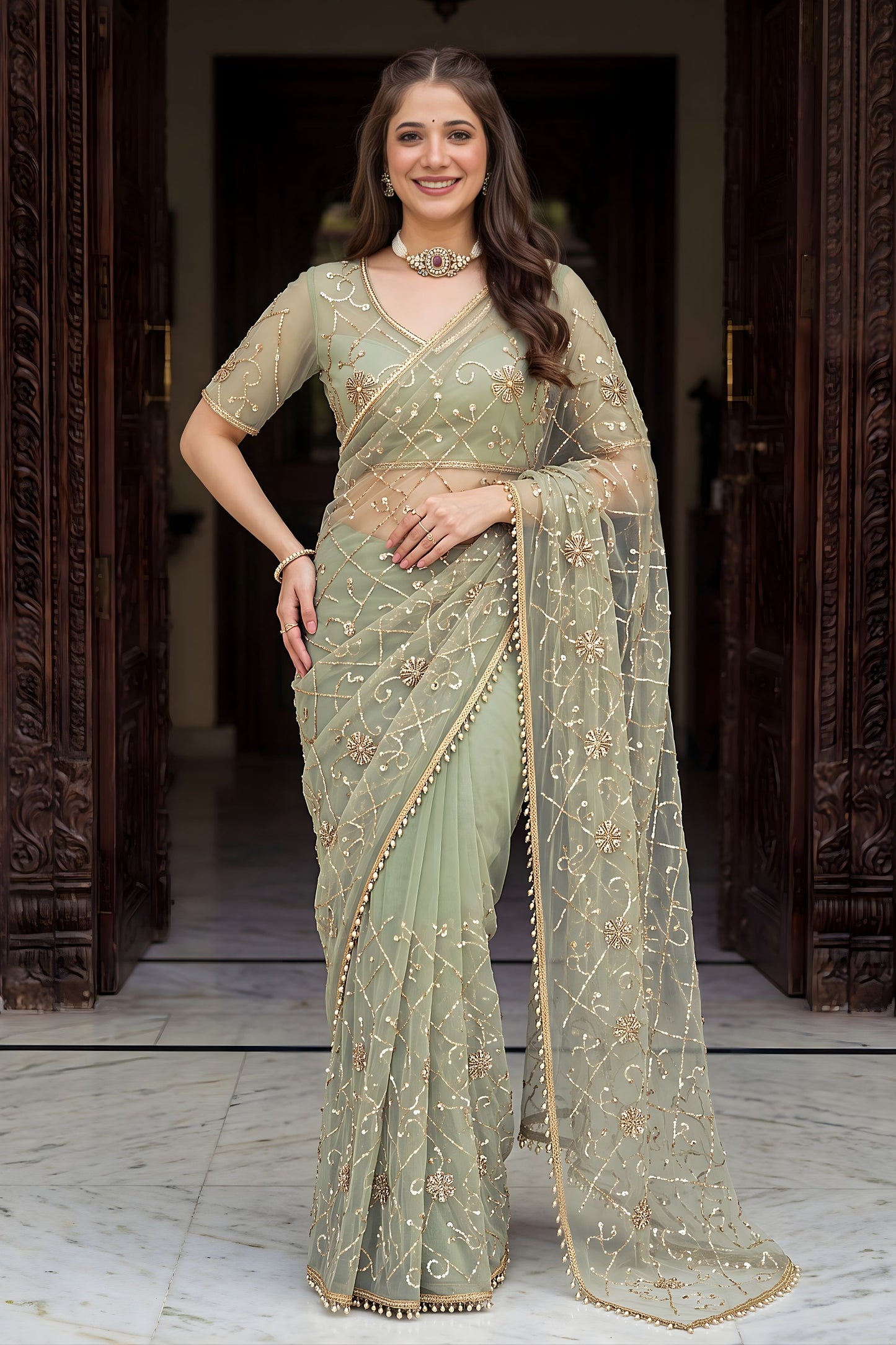 Gracefull Sage Green Net Designer Saree Sequins Embroidery Work for Wedding