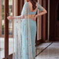 Royal Sky Blue Net Designer Saree Sequins Embroidery Work for Wedding