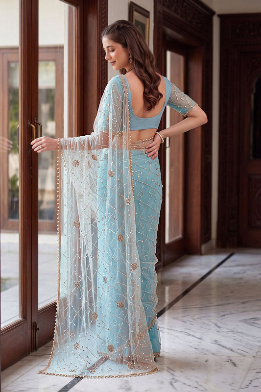 Royal Sky Blue Net Designer Saree Sequins Embroidery Work for Wedding