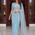 Royal Sky Blue Net Designer Saree Sequins Embroidery Work for Wedding