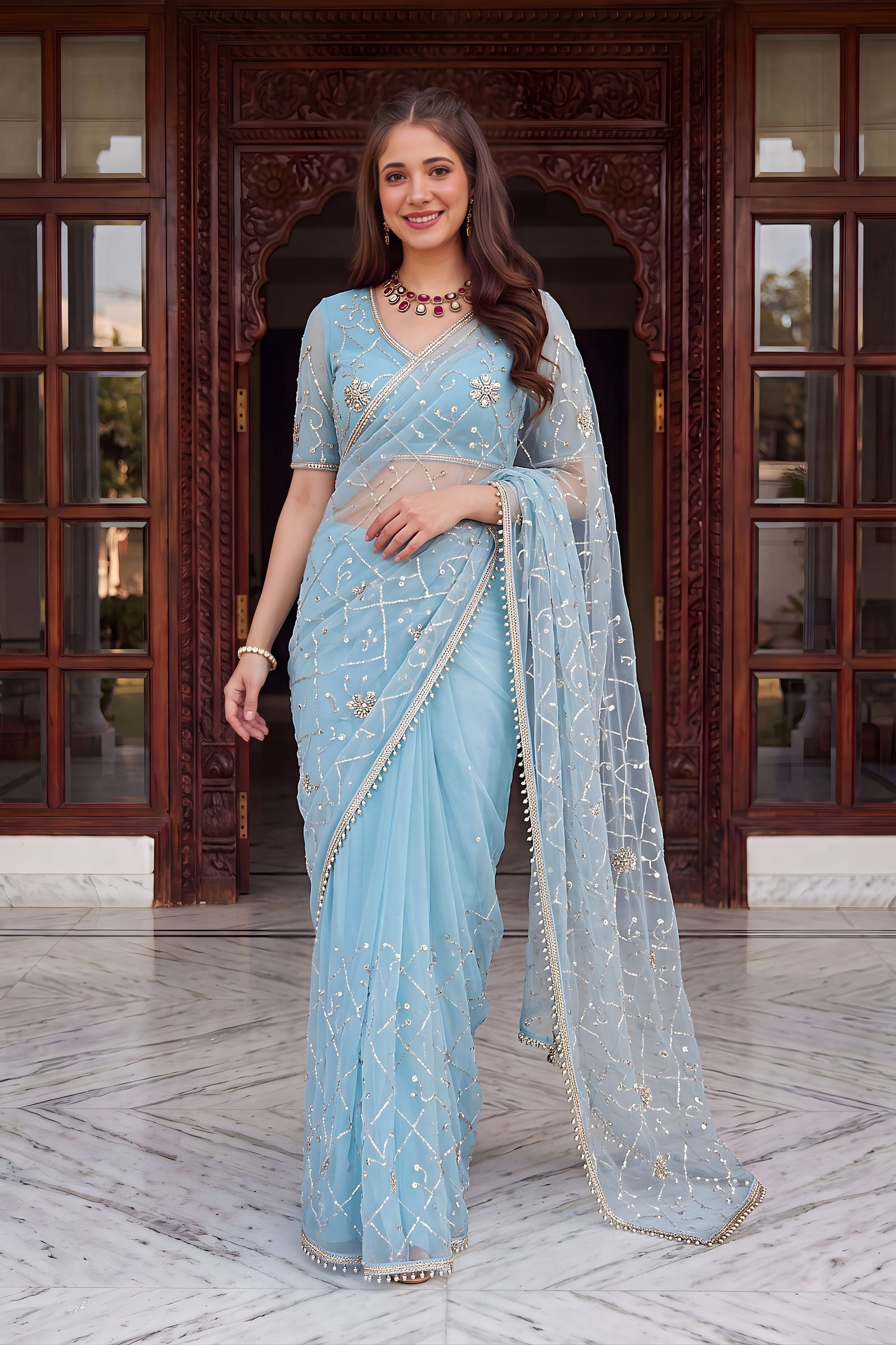 Royal Sky Blue Net Designer Saree Sequins Embroidery Work for Wedding
