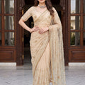 Stylish Beige Net Designer Saree Sequins Embroidery Work for Wedding