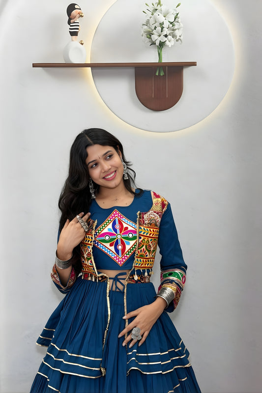Stunning Teal Blue Cotton Navratri Lehenga Choli with Kutchi Embroidered Jacket for Women