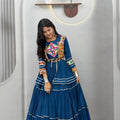 Stunning Teal Blue Cotton Navratri Lehenga Choli with Kutchi Embroidered Jacket for Women
