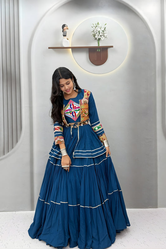 Stunning Teal Blue Cotton Navratri Lehenga Choli with Kutchi Embroidered Jacket for Women