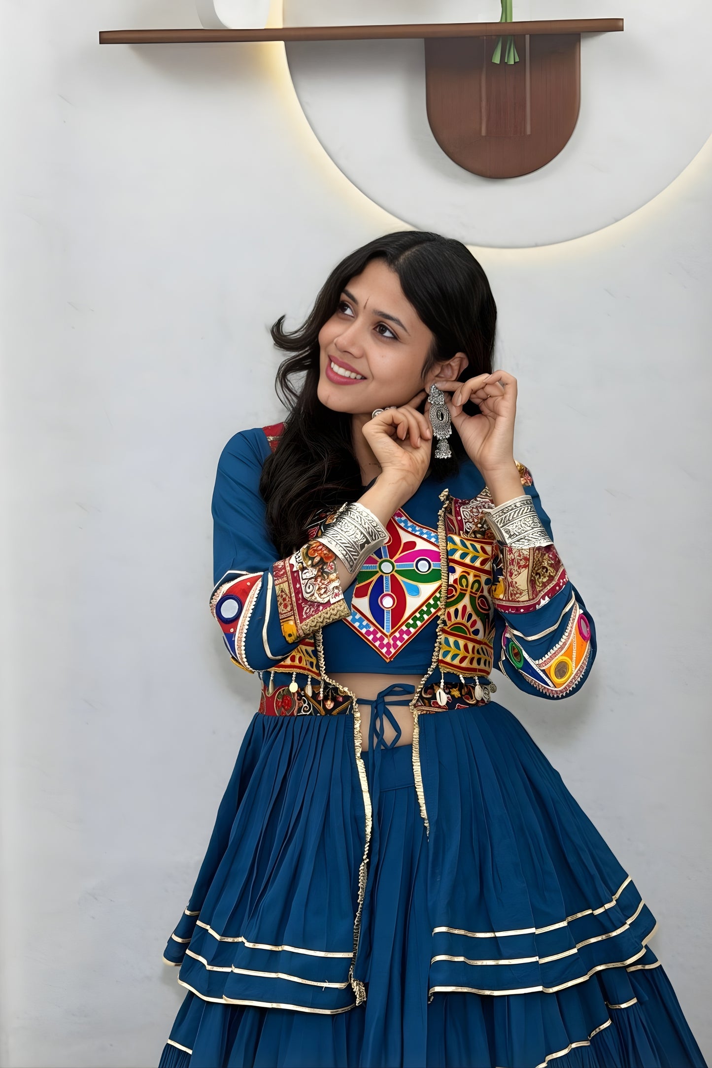 Stunning Teal Blue Cotton Navratri Lehenga Choli with Kutchi Embroidered Jacket for Women