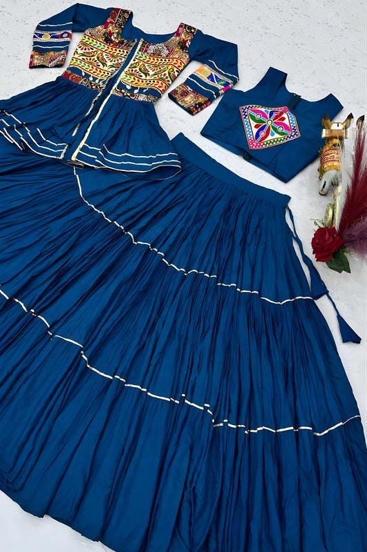 Stunning Teal Blue Cotton Navratri Lehenga Choli with Kutchi Embroidered Jacket for Women