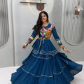 Stunning Teal Blue Cotton Navratri Lehenga Choli with Kutchi Embroidered Jacket for Women