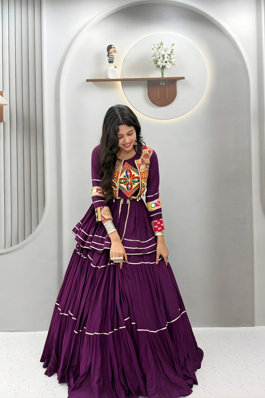 Glorious Purple Cotton Navratri Lehenga Choli with Kutchi Embroidered Jacket for Women