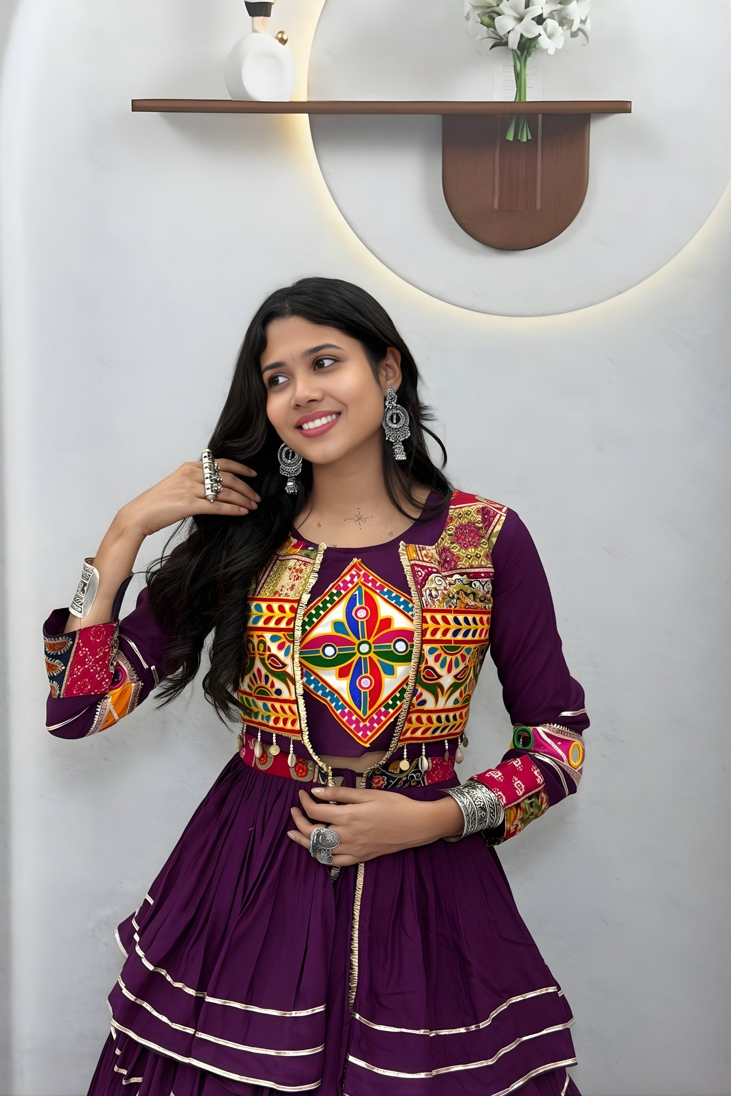 Glorious Purple Cotton Navratri Lehenga Choli with Kutchi Embroidered Jacket for Women