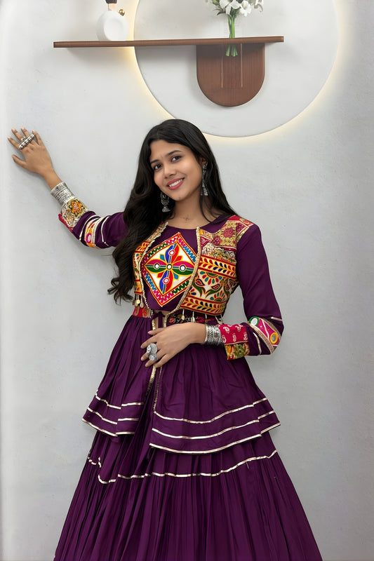 Glorious Purple Cotton Navratri Lehenga Choli with Kutchi Embroidered Jacket for Women