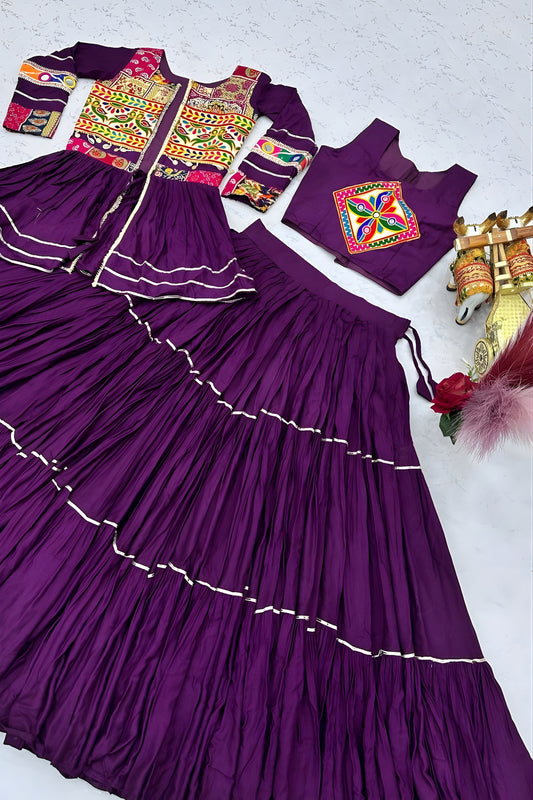 Glorious Purple Cotton Navratri Lehenga Choli with Kutchi Embroidered Jacket for Women