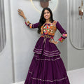 Glorious Purple Cotton Navratri Lehenga Choli with Kutchi Embroidered Jacket for Women