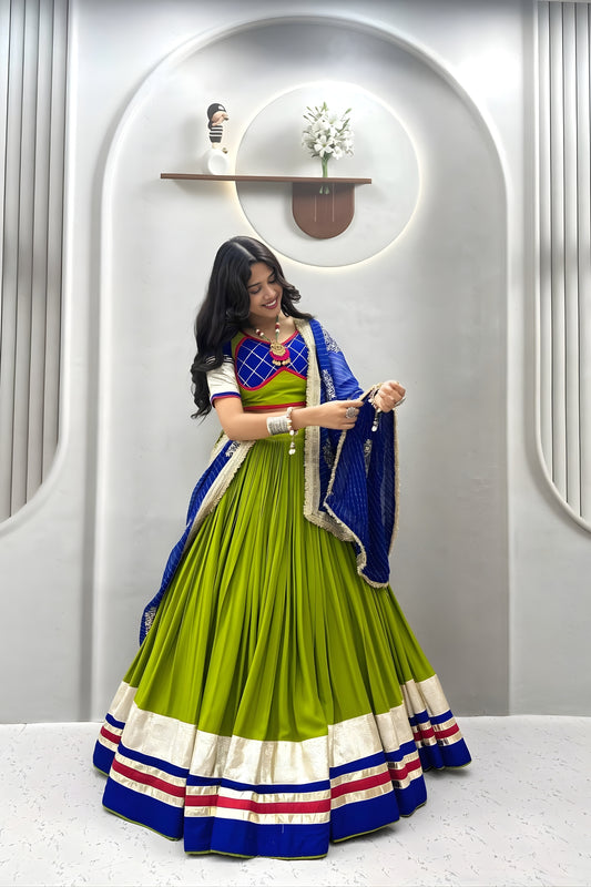 Graceful Lime Green Cotton Navratri Lehenga Choli with Royal Blue Lace Work Dupatta