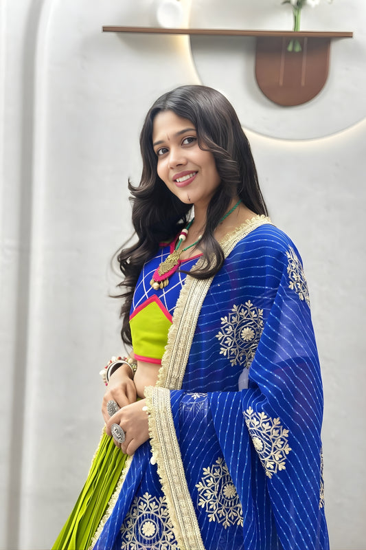 Graceful Lime Green Cotton Navratri Lehenga Choli with Royal Blue Lace Work Dupatta