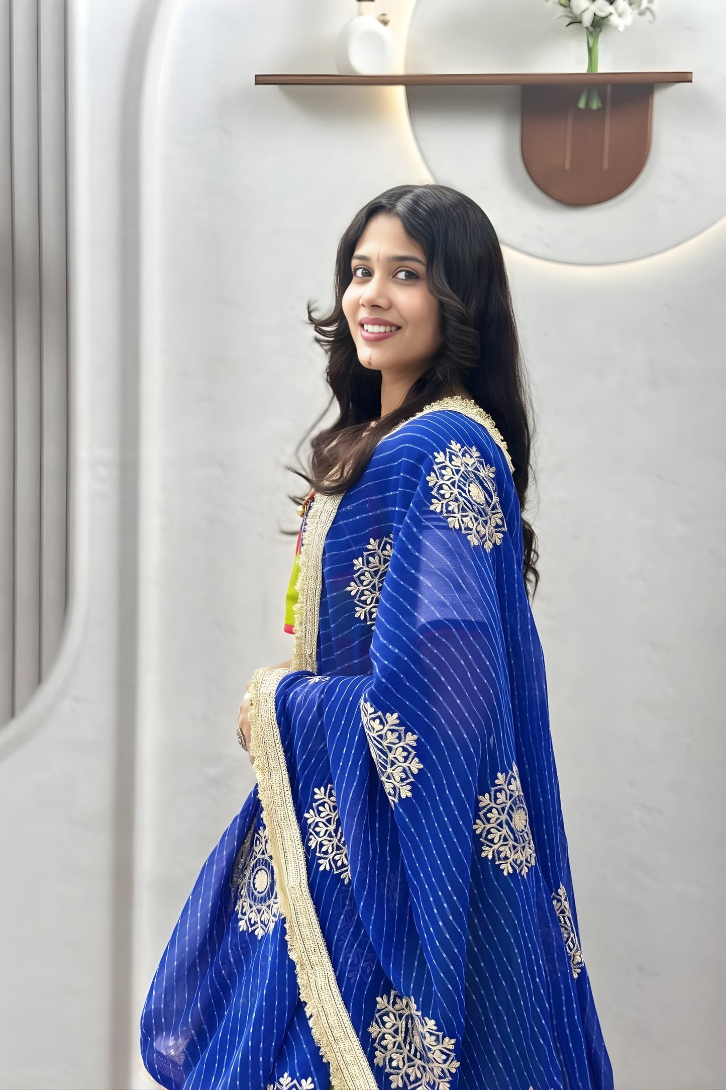 Graceful Lime Green Cotton Navratri Lehenga Choli with Royal Blue Lace Work Dupatta