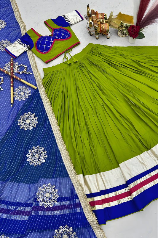 Graceful Lime Green Cotton Navratri Lehenga Choli with Royal Blue Lace Work Dupatta