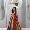 Stylish Multicolor Cotton Mirror Work Navratri Lehenga Choli with Maroon Dupatta