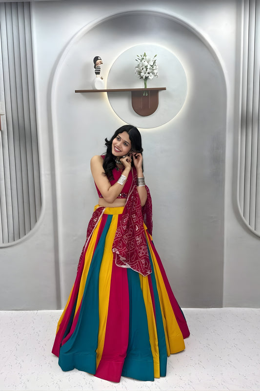 Stylish Multicolor Cotton Mirror Work Navratri Lehenga Choli with Maroon Dupatta