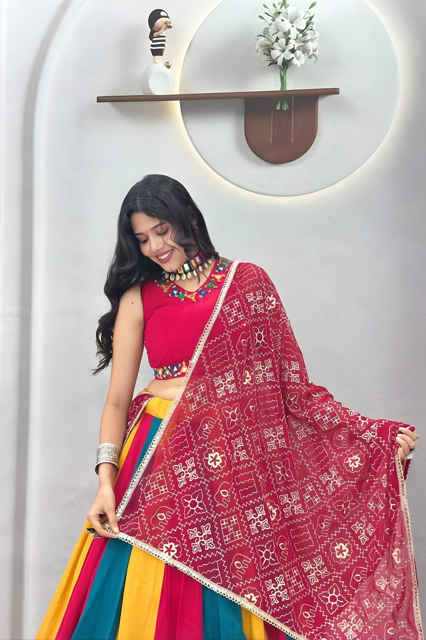 Stylish Multicolor Cotton Mirror Work Navratri Lehenga Choli with Maroon Dupatta