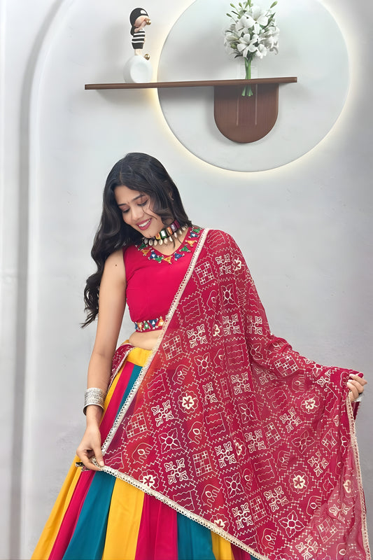Stylish Multicolor Cotton Mirror Work Navratri Lehenga Choli with Maroon Dupatta
