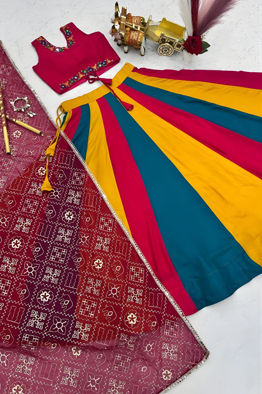 Stylish Multicolor Cotton Mirror Work Navratri Lehenga Choli with Maroon Dupatta