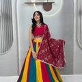 Stylish Multicolor Cotton Mirror Work Navratri Lehenga Choli with Maroon Dupatta