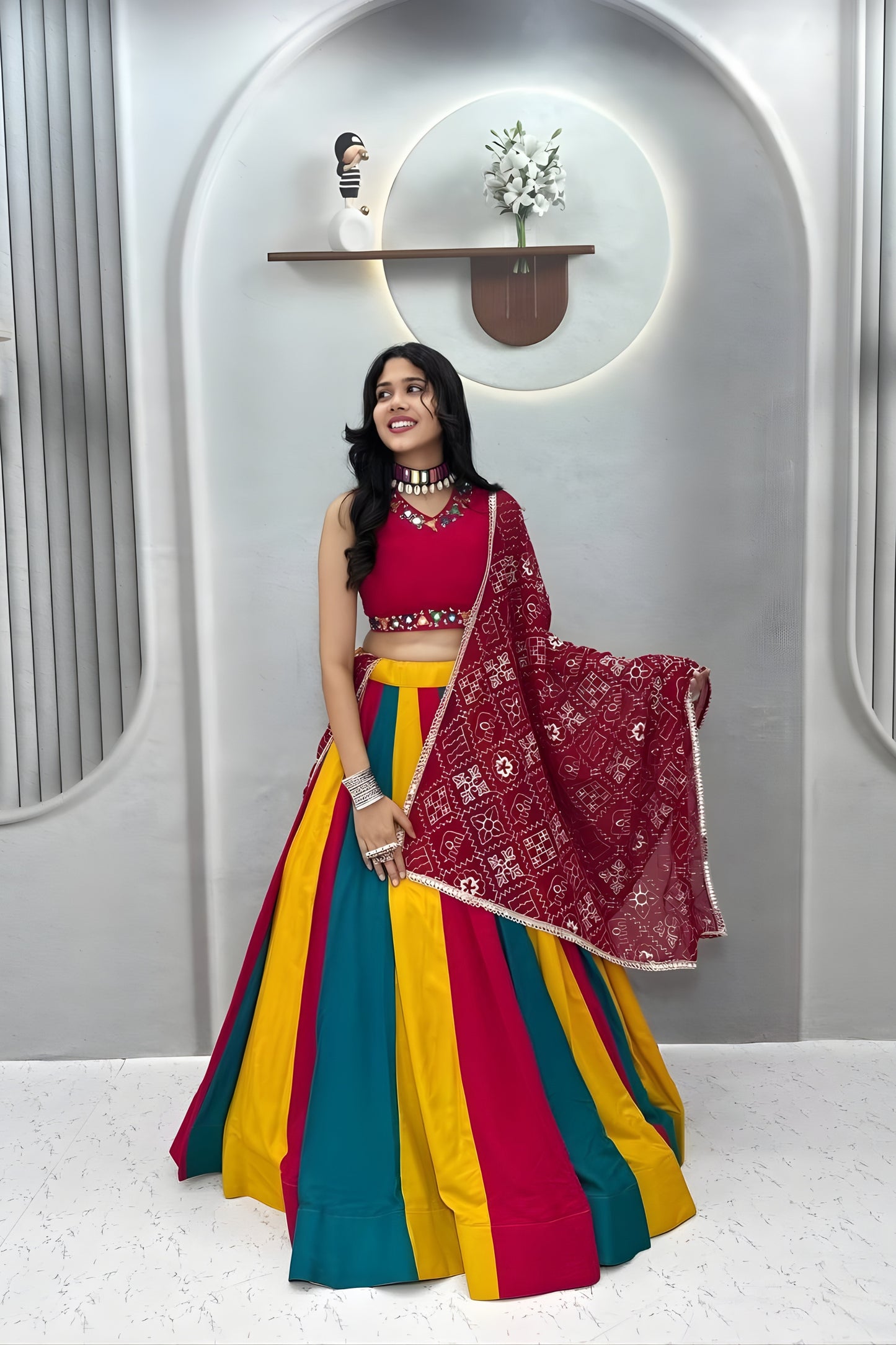 Stylish Multicolor Cotton Mirror Work Navratri Lehenga Choli with Maroon Dupatta