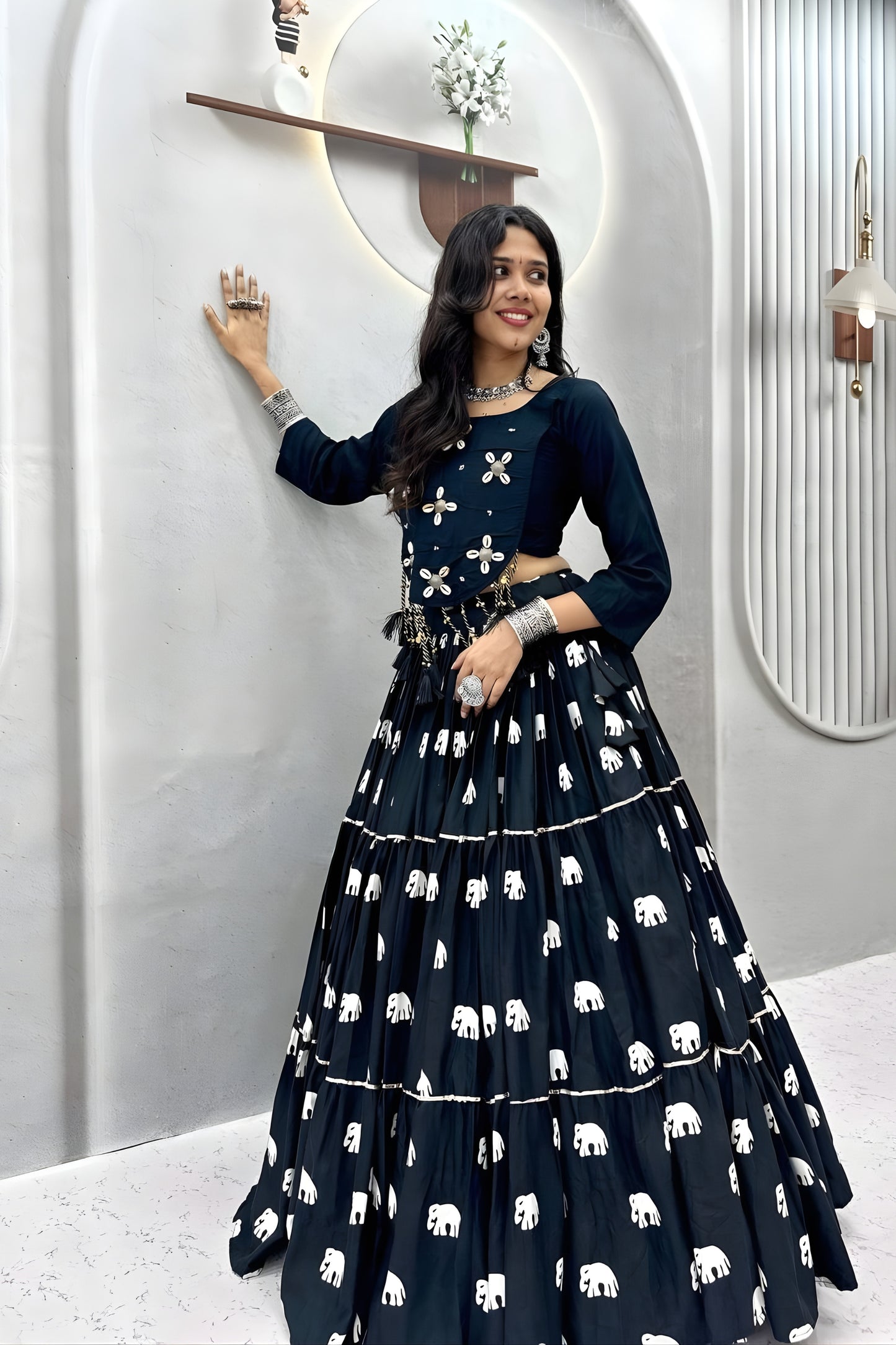 Elegant Black Cotton Navratri Lehenga Choli with Hand Work and Elephant Print Flared Skirt