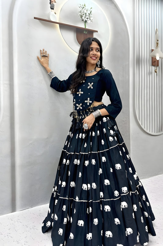 Elegant Black Cotton Navratri Lehenga Choli with Hand Work and Elephant Print Flared Skirt