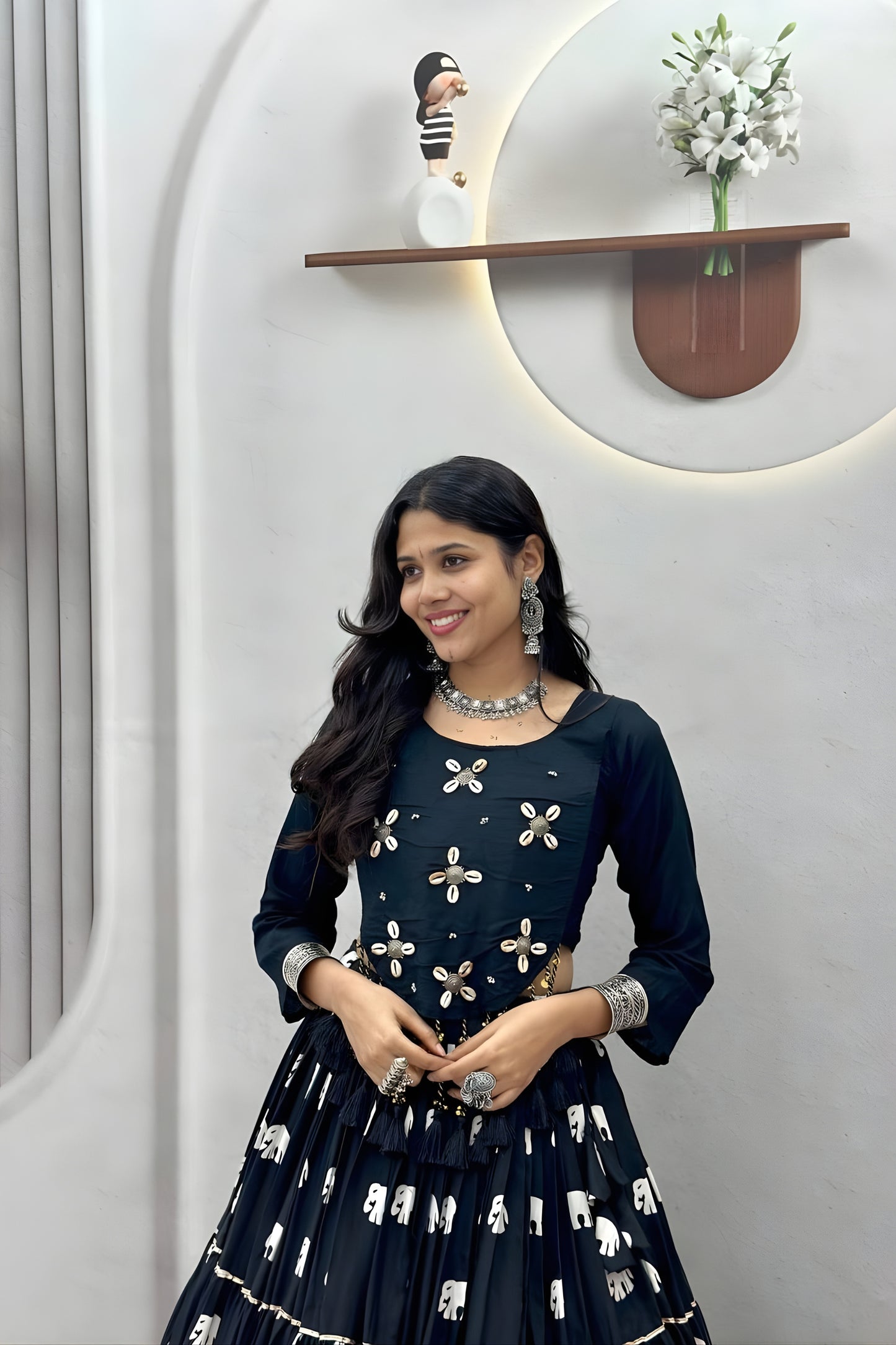 Elegant Black Cotton Navratri Lehenga Choli with Hand Work and Elephant Print Flared Skirt