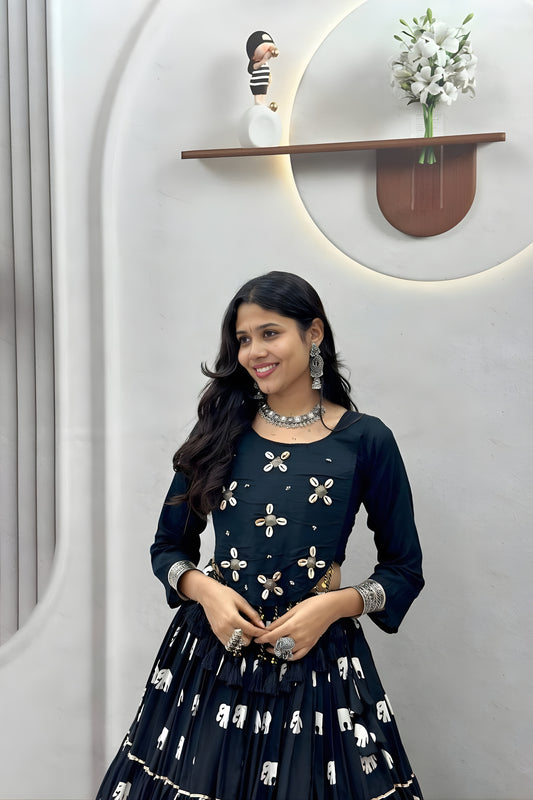 Elegant Black Cotton Navratri Lehenga Choli with Hand Work and Elephant Print Flared Skirt